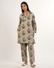 Handblock Printed Ajrakh Co-Ord Set in Beige | Organic Cotton | Neelmii, plant base dye