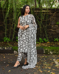 Black Mughal Print Cotton Kurtha with Mul Cotton Dupatta