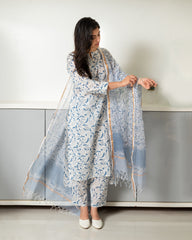 Blue Mughal Print Cotton Kurtha with Mul Cotton Dupatta | Indian Ethnic Wear |Traditional Indian Clothing