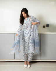 Blue Mughal Print Cotton Kurtha with Mul Cotton Dupatta | Indian Ethnic Wear |Traditional Indian Clothing