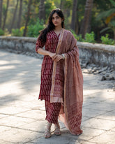 Maroon Maheshwari Silk Kurta Dupatta Sets,bagh print,plant base dye