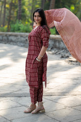 Maroon Maheshwari Silk Kurta Dupatta Sets,bagh print,plant base dye