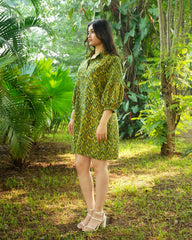 Hand-Block Printed Tulip Dress in Soft Cotton - Collar Neck