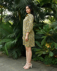 Hand-Block Printed Tulip Dress in Soft Cotton - Collar Neck