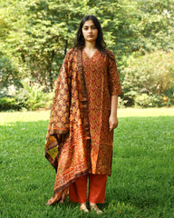 Orange Tulips Kurta Set in Maheshwari Silk |Organic Hand-Blocked Plant-Based Print | Traditional Indian Clothing