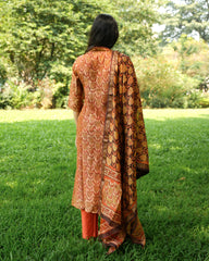 Orange Tulips Kurta Set in Maheshwari Silk |Organic Hand-Blocked Plant-Based Print | Traditional Indian Clothing