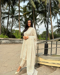 Bagh Collection Cotton Kurta Set with Dupatta - Cream White with Brown Plant base dye Print (S-XXL)