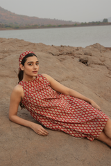 Block Printed A-Line Dress - Maroon & Beige