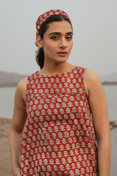 Block Printed A-Line Dress - Maroon & Beige