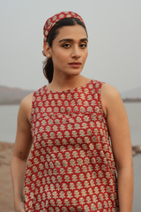 Block Printed A-Line Dress - Maroon & Beige