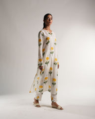 Mul-Cotton Yellow Flower Print Kurta Set | Handblock Print |NIRVANA COLLECTION