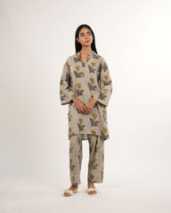 Handblock Printed Ajrakh Co-Ord Set in Beige | Organic Cotton | Neelmii, plant base dye