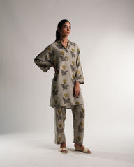 Handblock Printed Ajrakh Co-Ord Set in Beige | Organic Cotton | Neelmii, plant base dye