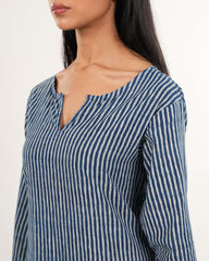 Indigo Striped Kurta Set with Sleeves | Handblock Printed | Neelmii