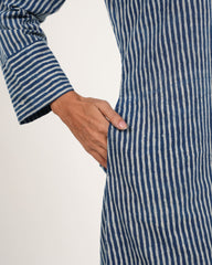 Indigo Striped Kurta Set with Sleeves | Handblock Printed | Neelmii