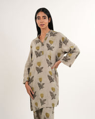Handblock Printed Ajrakh Co-Ord Set in Beige | Organic Cotton | Neelmii, plant base dye