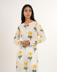 Mul-Cotton Yellow Flower Print Kurta Set | Handblock Print |NIRVANA COLLECTION
