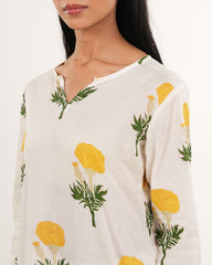 Mul-Cotton Yellow Flower Print Kurta Set | Handblock Print |NIRVANA COLLECTION