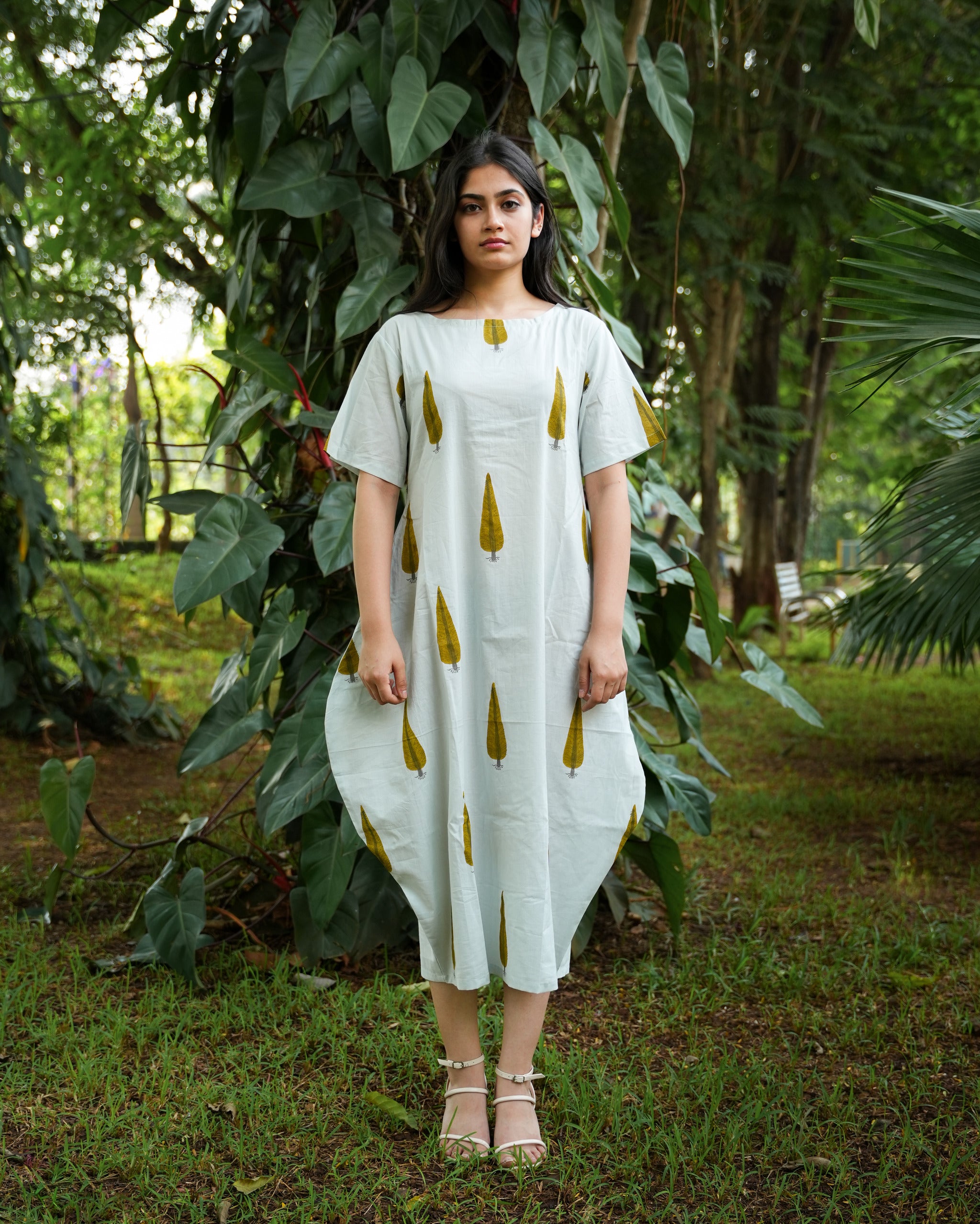 Hand-Block Printed Cotton Leaf Design Dress with Side Pocket