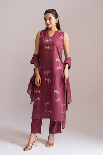 Sleeveless Dabbu Printed Kurta 3-pc Set With Dupatta Magenta Haze