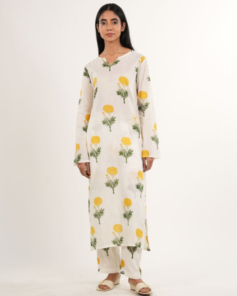 Mul-Cotton Yellow Flower Print Kurta Set | Handblock Print | Organic Dye