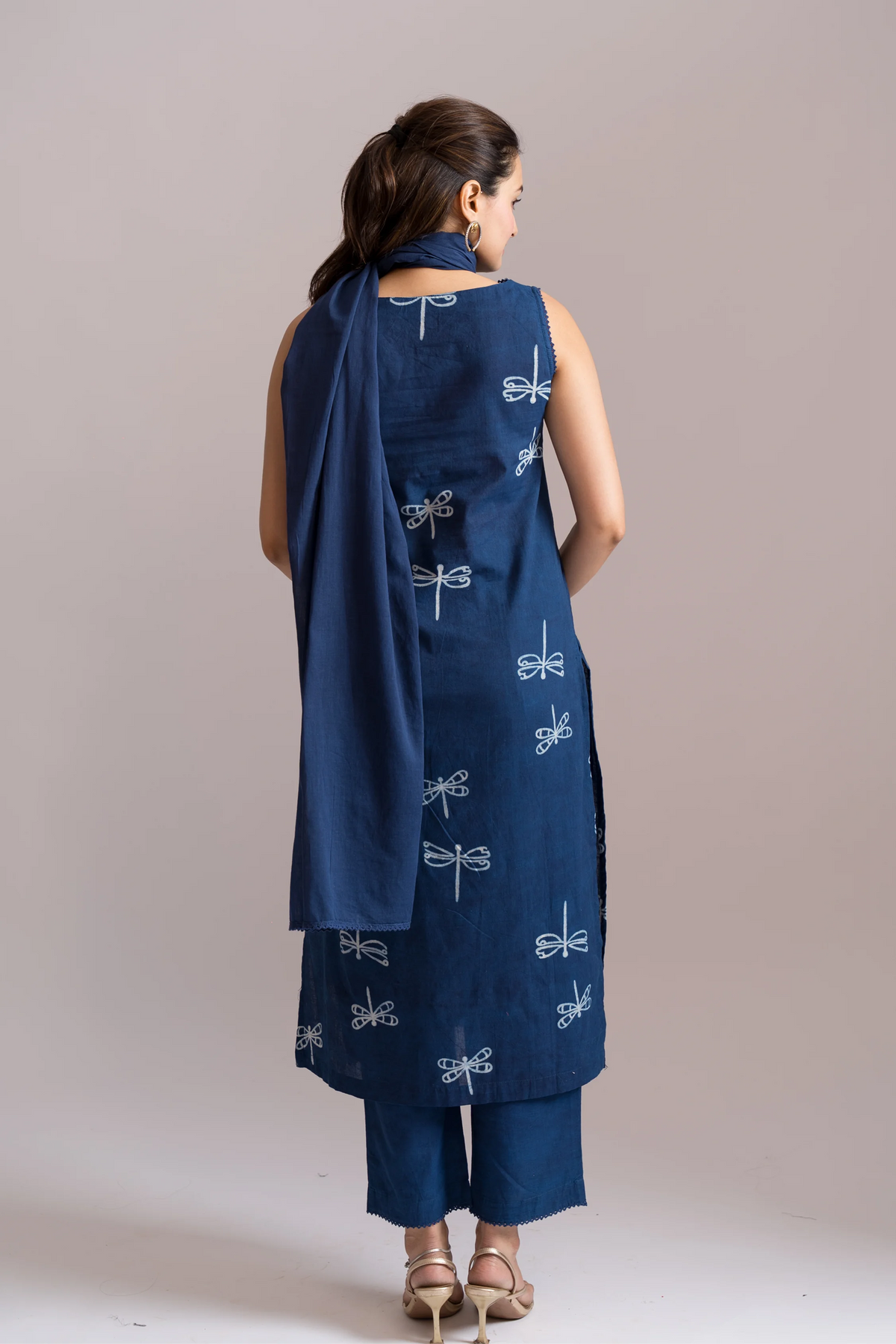 Sleeveless Dabbu Printed Kurta 3-pc Set With Dupatta  Indigo Blue