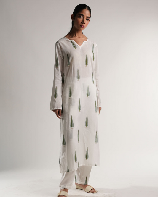Neelmii Nirvana Leaf Print Mul Cotton Kurta Set – Handblock Print, Organic Dye