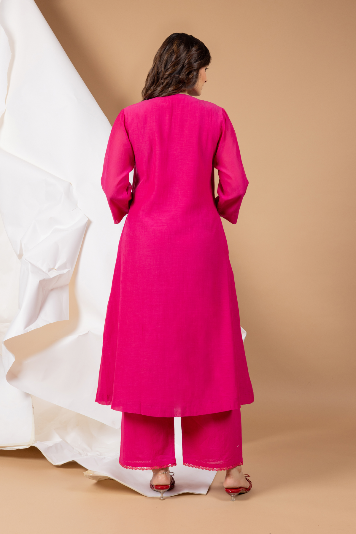 Pintuck A-line Kurta Set  Fuchsia Pink