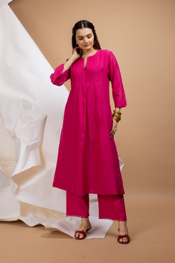 Pintuck A-line Kurta Set  Fuchsia Pink