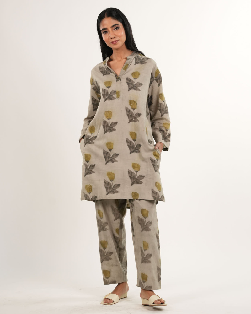 Handblock Printed Ajrakh Co-Ord Set in Beige | Organic Cotton | Neelmii, plant base dye