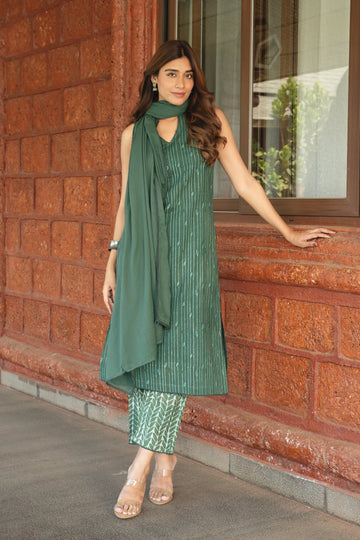 Sleeveless Dabbu Printed Kurta 3-pc Set With Dupatta Emerald Green