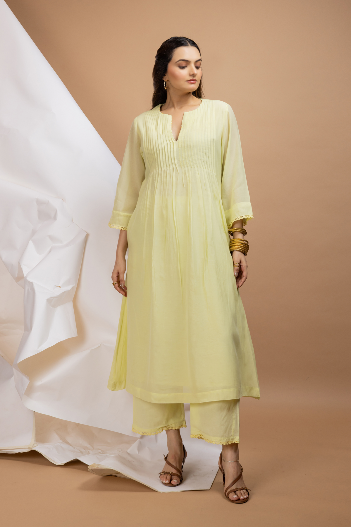 Pintuck A-line Kurta Set   Lemon Yellow