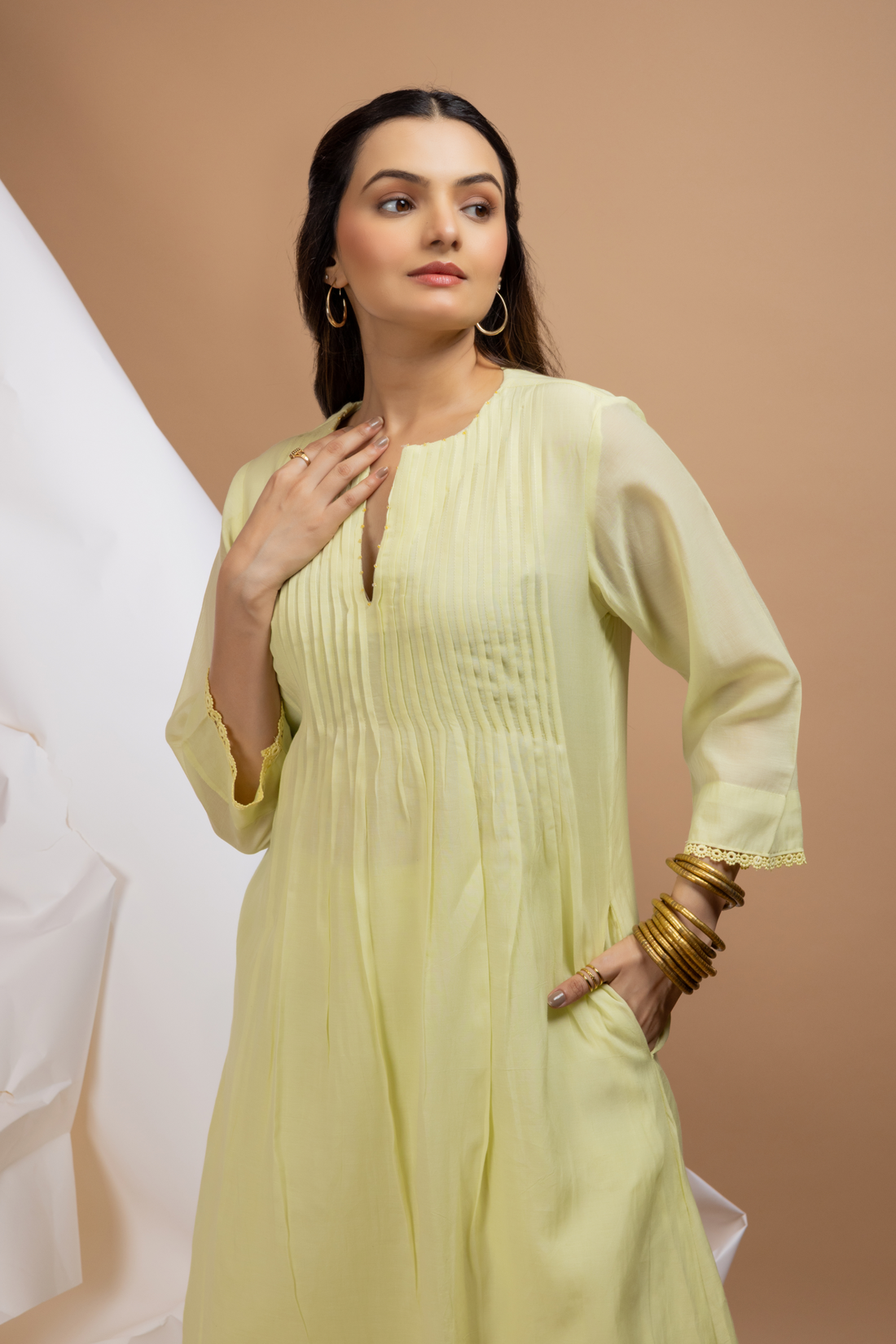 Pintuck A-line Kurta Set   Lemon Yellow