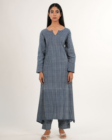 Indigo Striped 2-Piece Kurta Set with Sleeves (Indigo Blue) | Handblock Printed | Neelmii