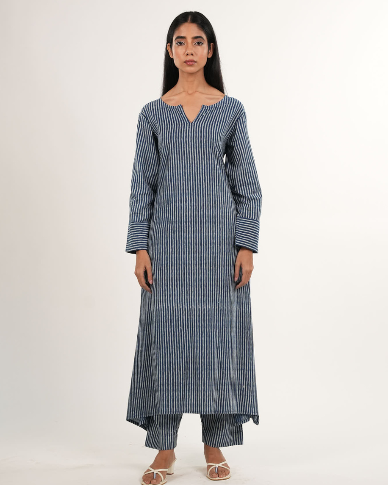 Indigo Striped 2-Piece Kurta Set with Sleeves (Indigo Blue) | Handblock Printed | Neelmii