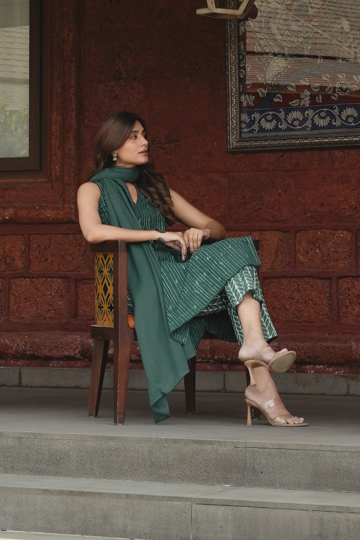 Sleeveless Dabbu Printed Kurta 3-pc Set With Dupatta Emerald Green
