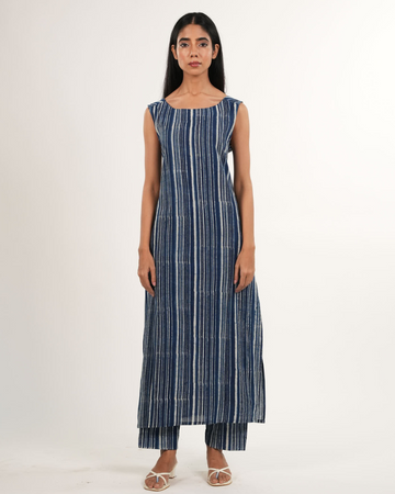 Indigo Striped Sleeveless 2-Piece Kurta Set | Neelmii Handblock Collection