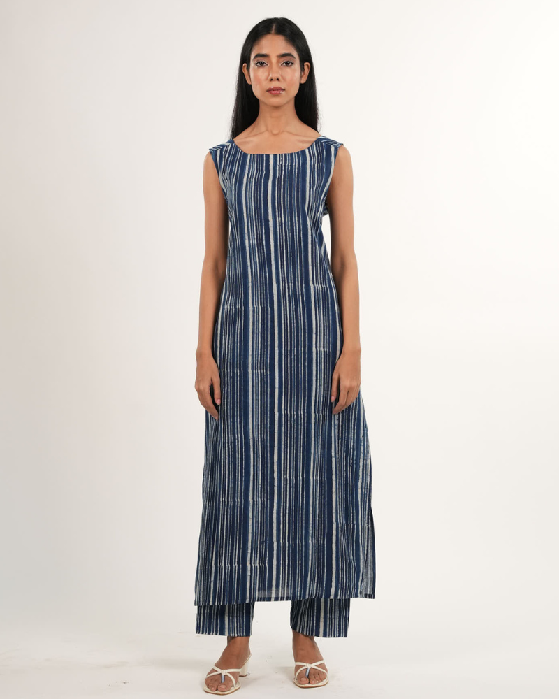 Indigo Striped Sleeveless 2-Piece Kurta Set | Neelmii Handblock Collection