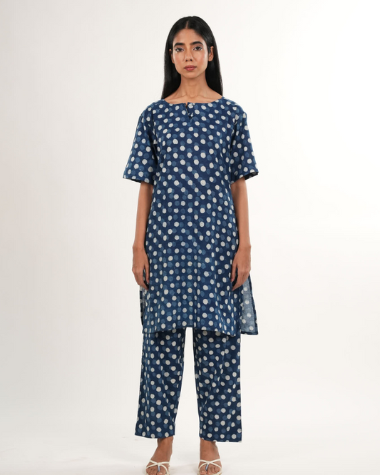 Indigo Polkadot Co-ord Set | Neelmii Handblock Collection