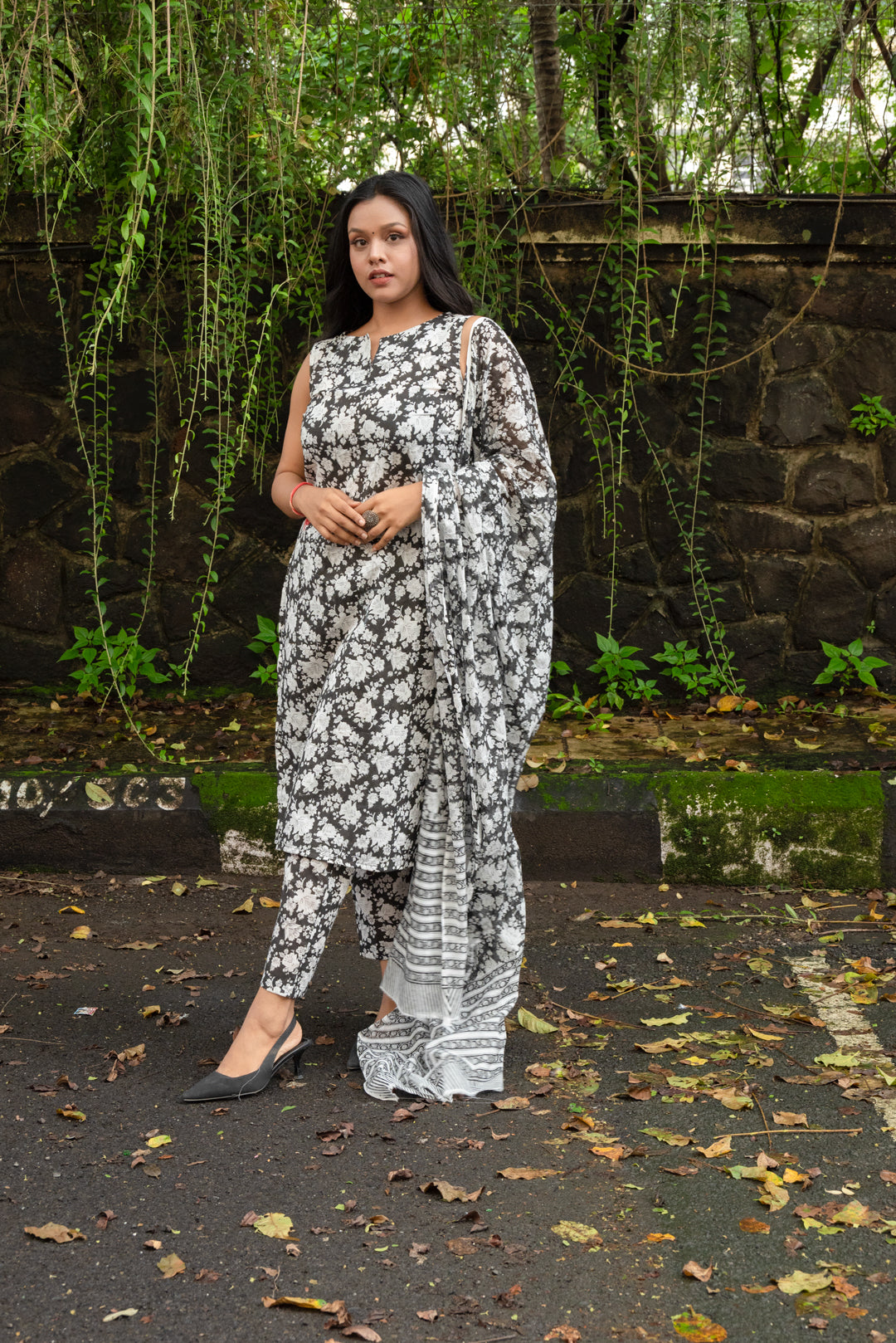 Black Mughal Print Cotton Kurta with Mul Cotton Dupatta