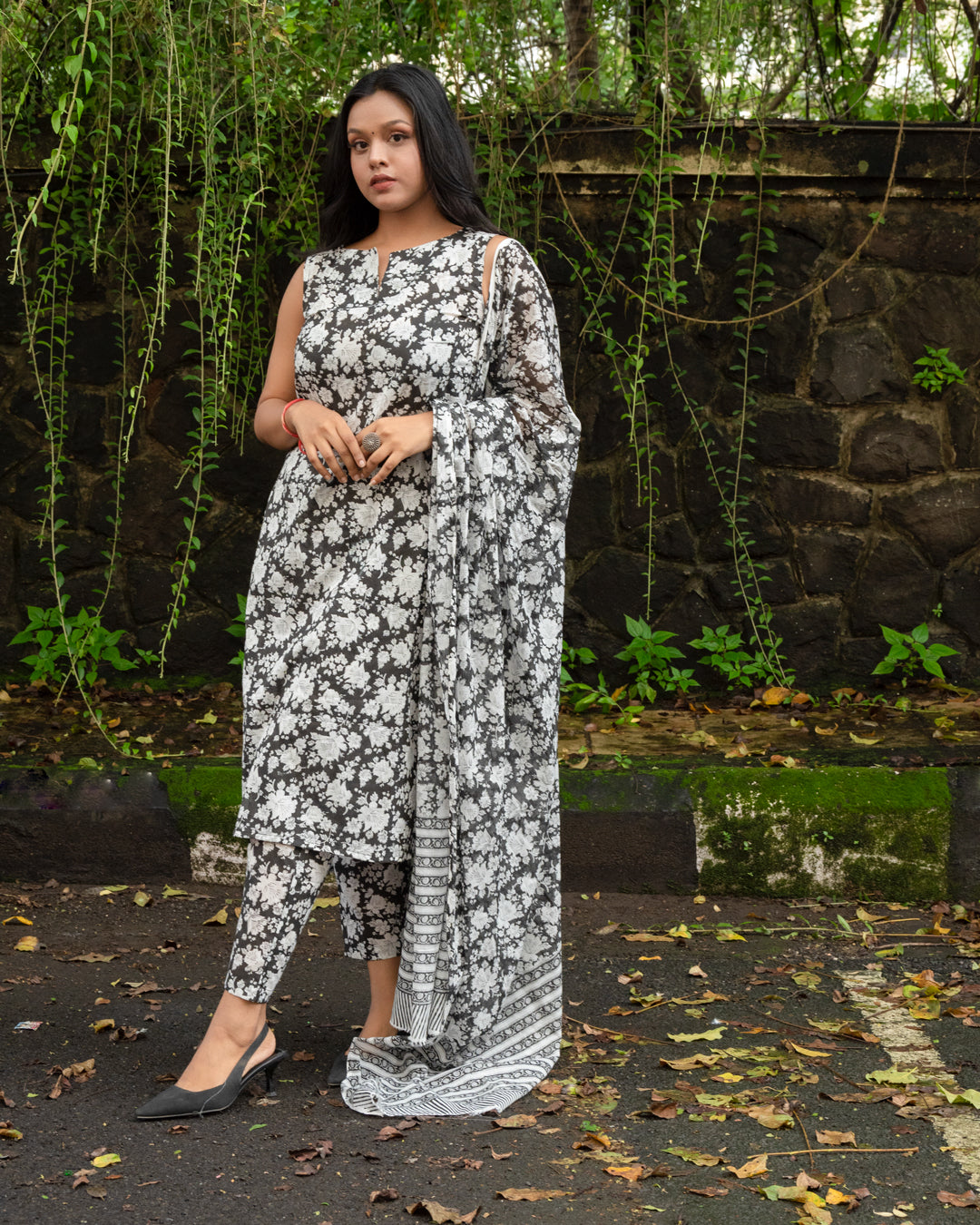 Black Mughal Print Cotton Kurta with Mul Cotton Dupatta