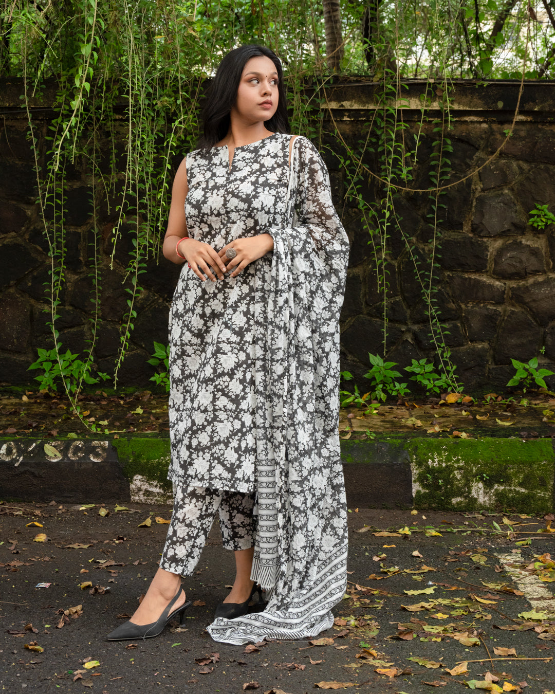 Black Mughal Print Cotton Kurta with Mul Cotton Dupatta