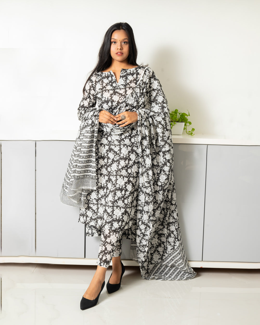 Black Mughal Print Cotton Kurta with Mul Cotton Dupatta