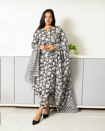 Black Mughal Print Cotton Kurta with Mul Cotton Dupatta