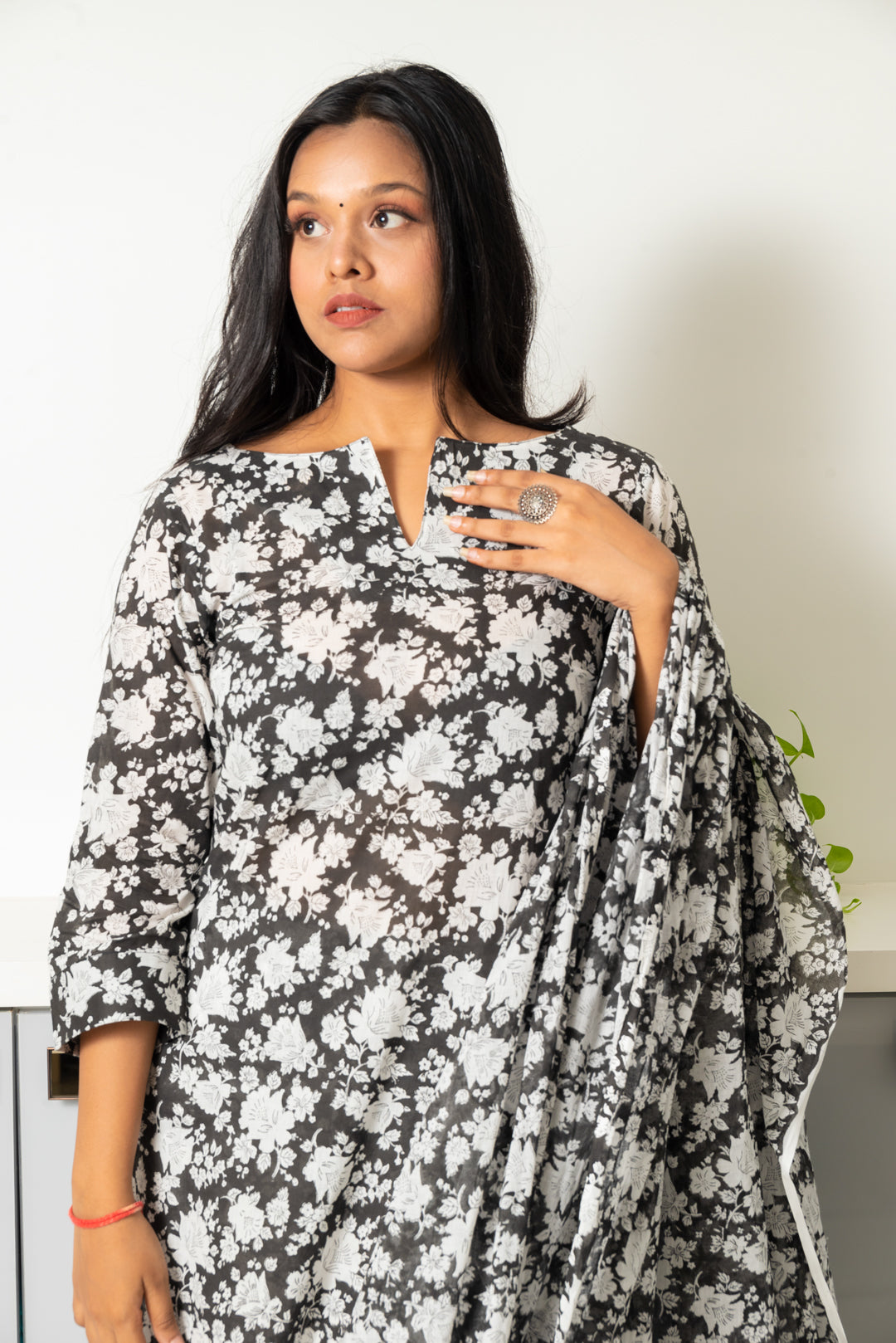 Black Mughal Print Cotton Kurta with Mul Cotton Dupatta