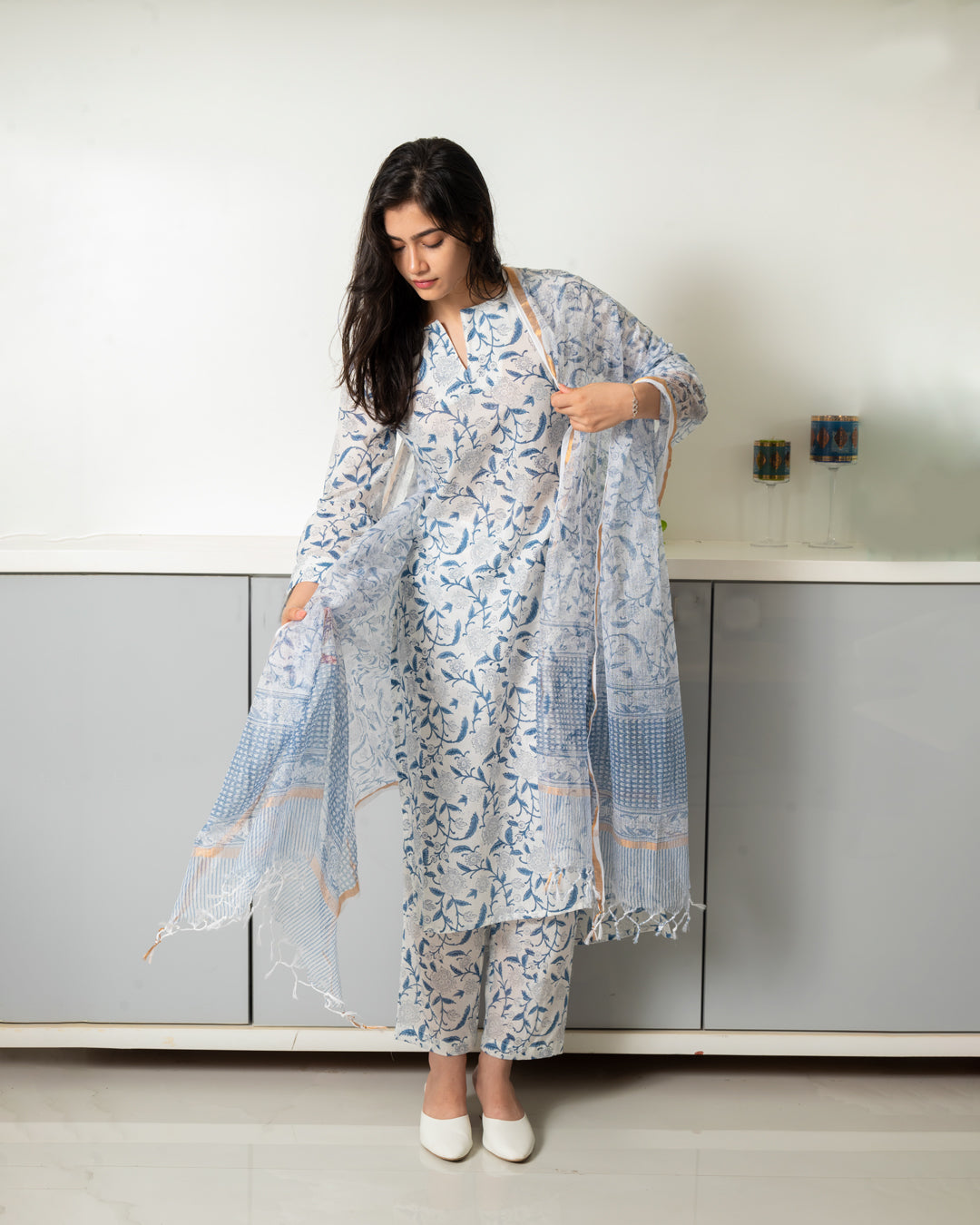 Blue Mughal Print Mul Cotton Kurta Set  | Indian Ethnic Wear |Traditional Indian Clothing