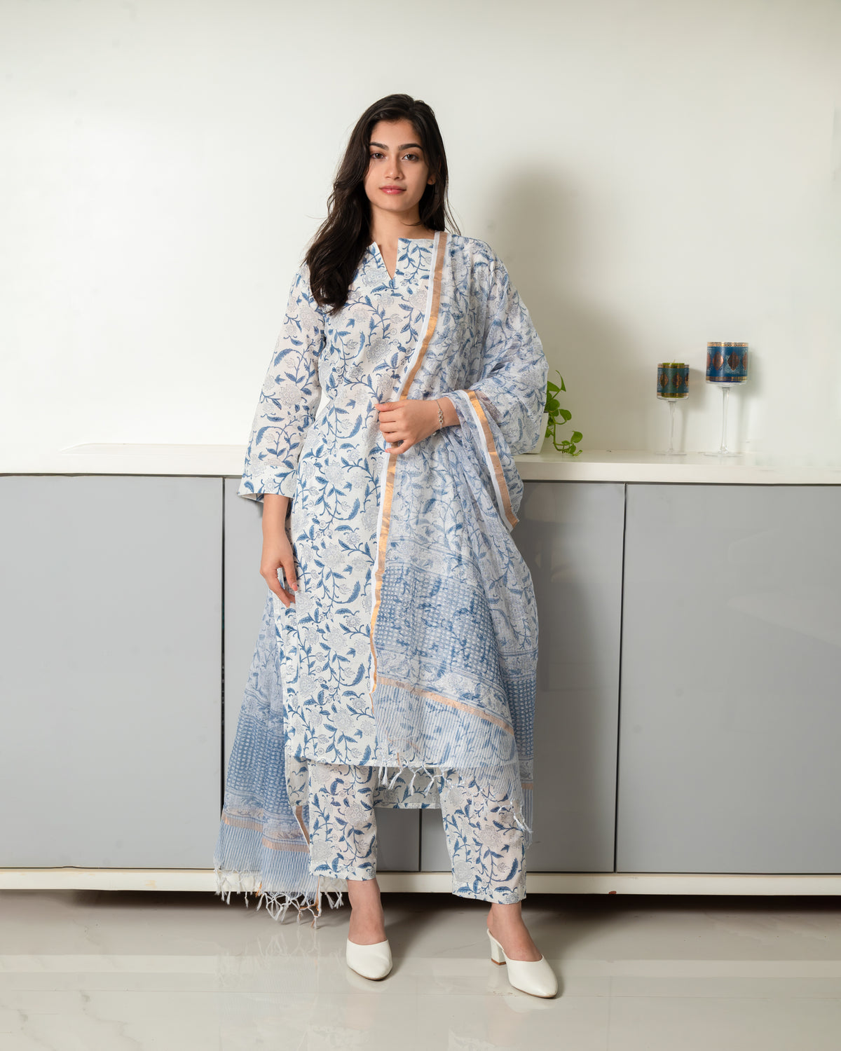Blue Mughal Print Mul Cotton Kurta Set  | Indian Ethnic Wear |Traditional Indian Clothing