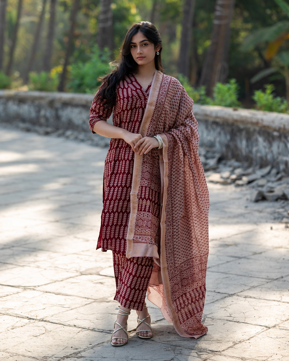 Maroon Maheshwari Silk Kurta Dupatta Sets,bagh print,plant base dye