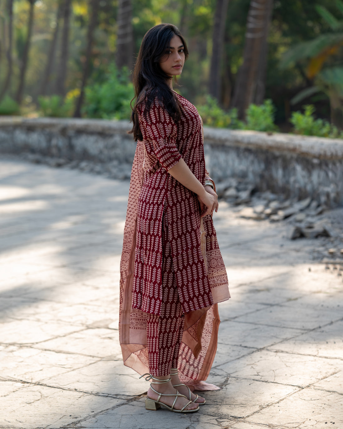 Maroon Maheshwari Silk Kurta Dupatta Sets,bagh print,plant base dye