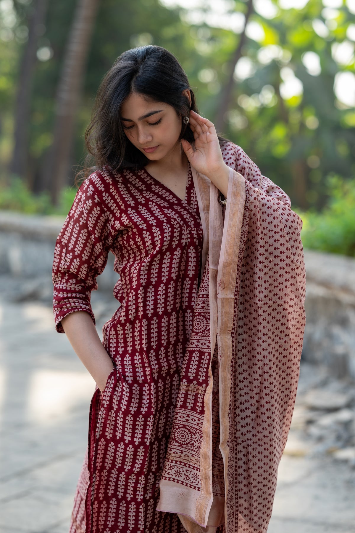 Maroon Maheshwari Silk Kurta Dupatta Sets,bagh print,plant base dye